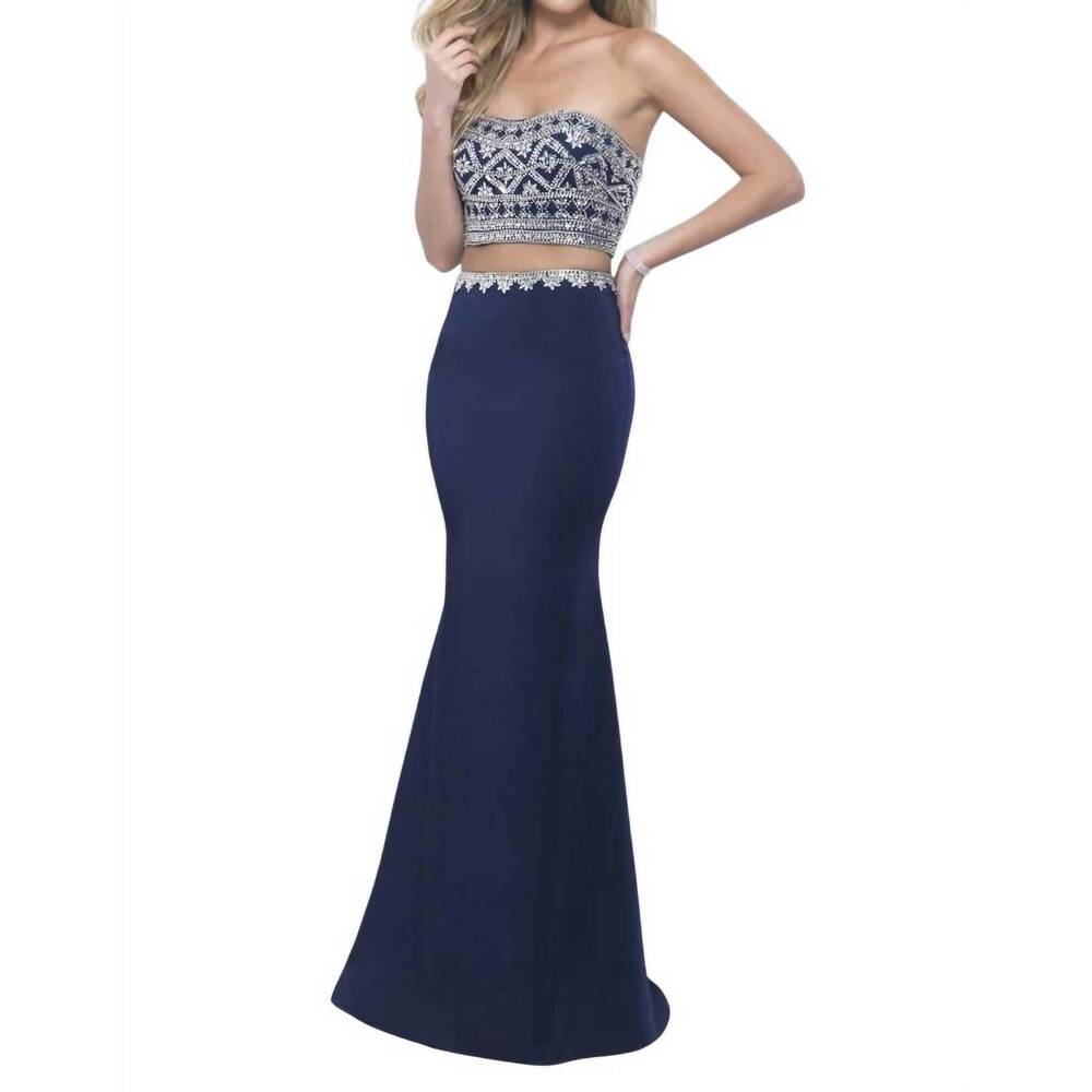 NEW BLUSH PROM satin crepe beaded two piece gown in black navy